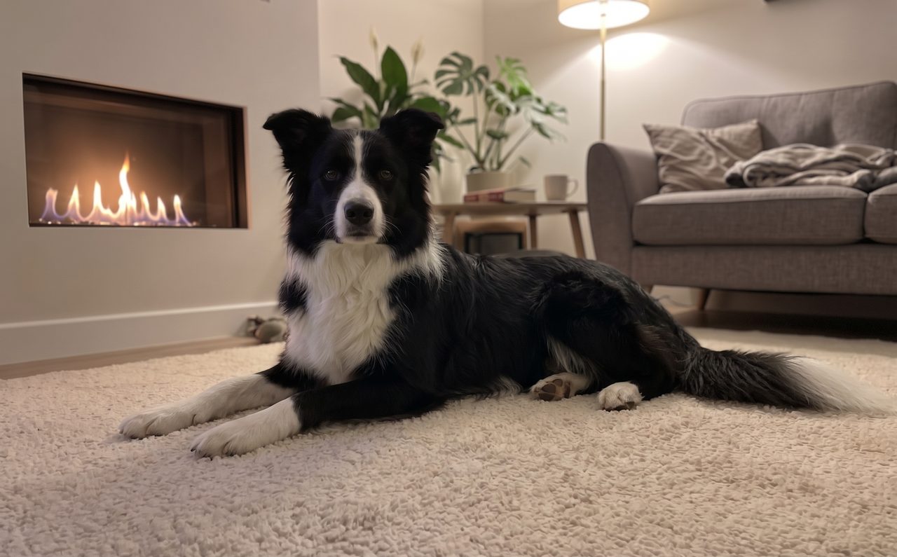 The portrait chosen of Bella, a Border Collie, lying by a gas fire in a modern living room