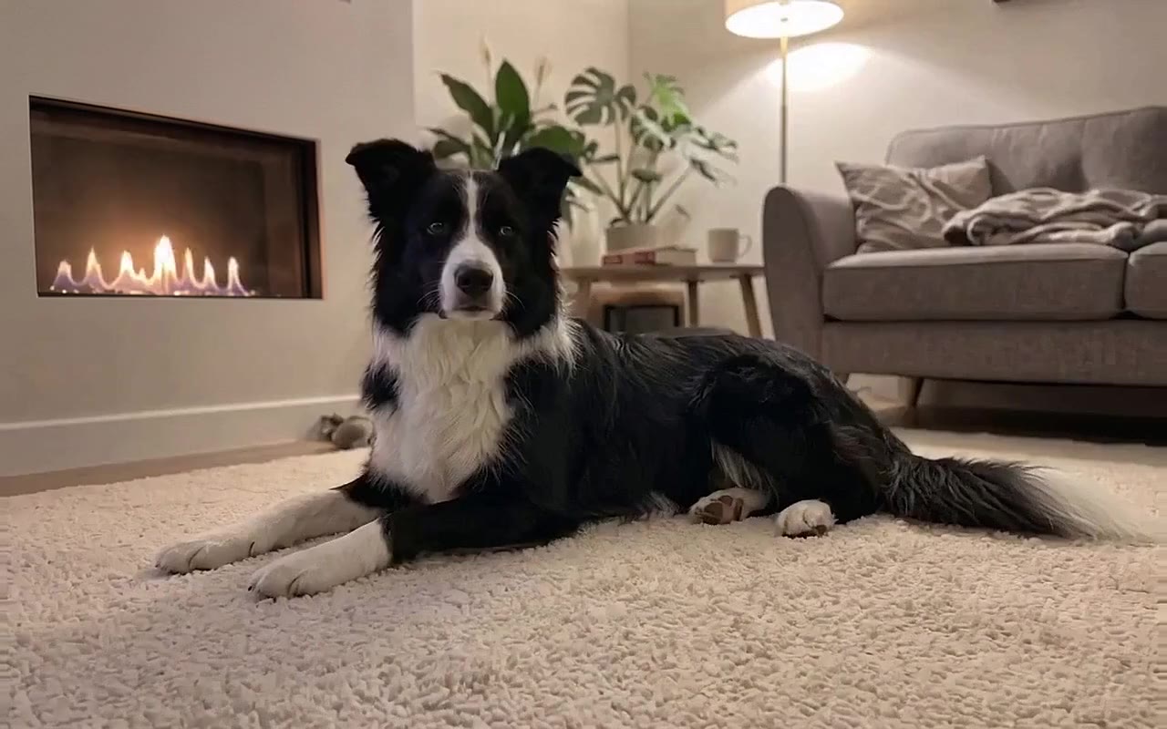 Bella, a Border Collie, by the gas fire in a modern living room