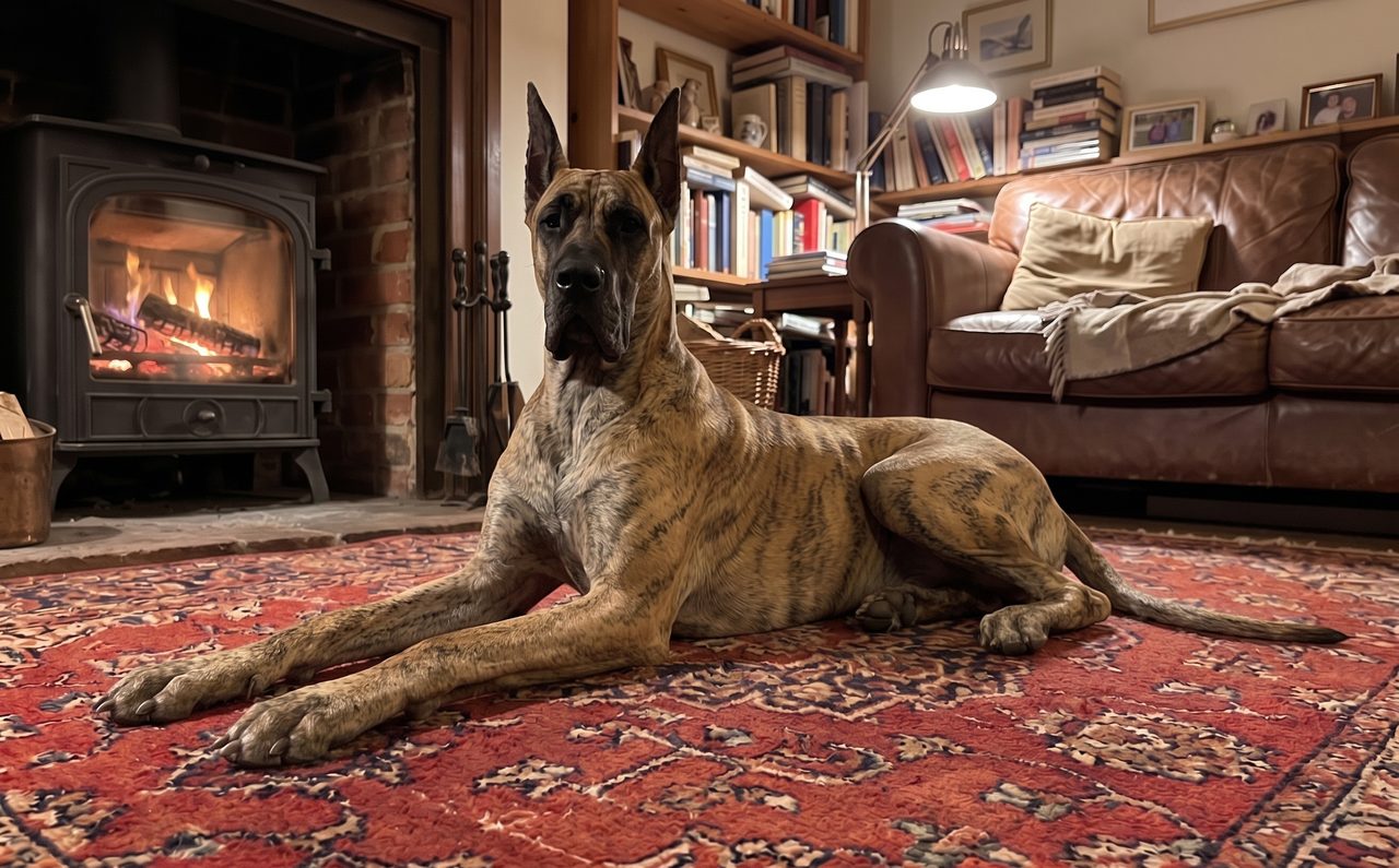The portrait chosen of Duke, a Great Dane, lying by the stove in a study