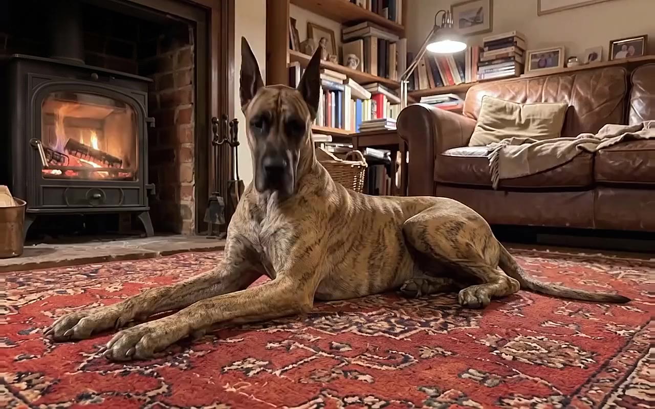 Duke, a Great Dane, by the stove in a book-lined study