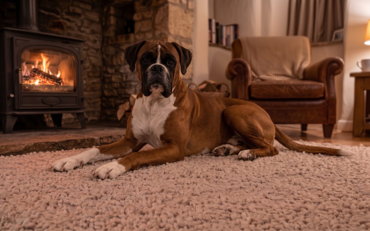 The portrait chosen of Henry, a Boxer, lying on a rug by a wood-burning stove