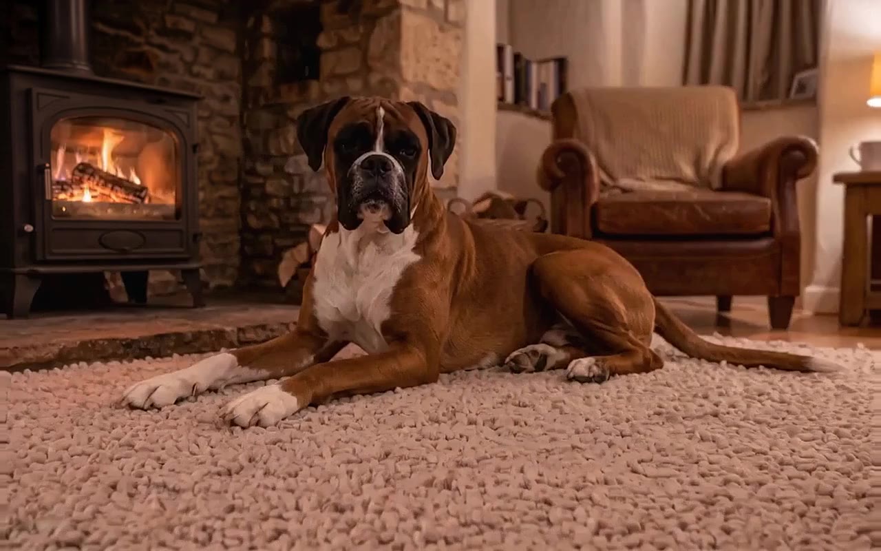 Henry, a Boxer, by the wood-burning stove in a country cottage