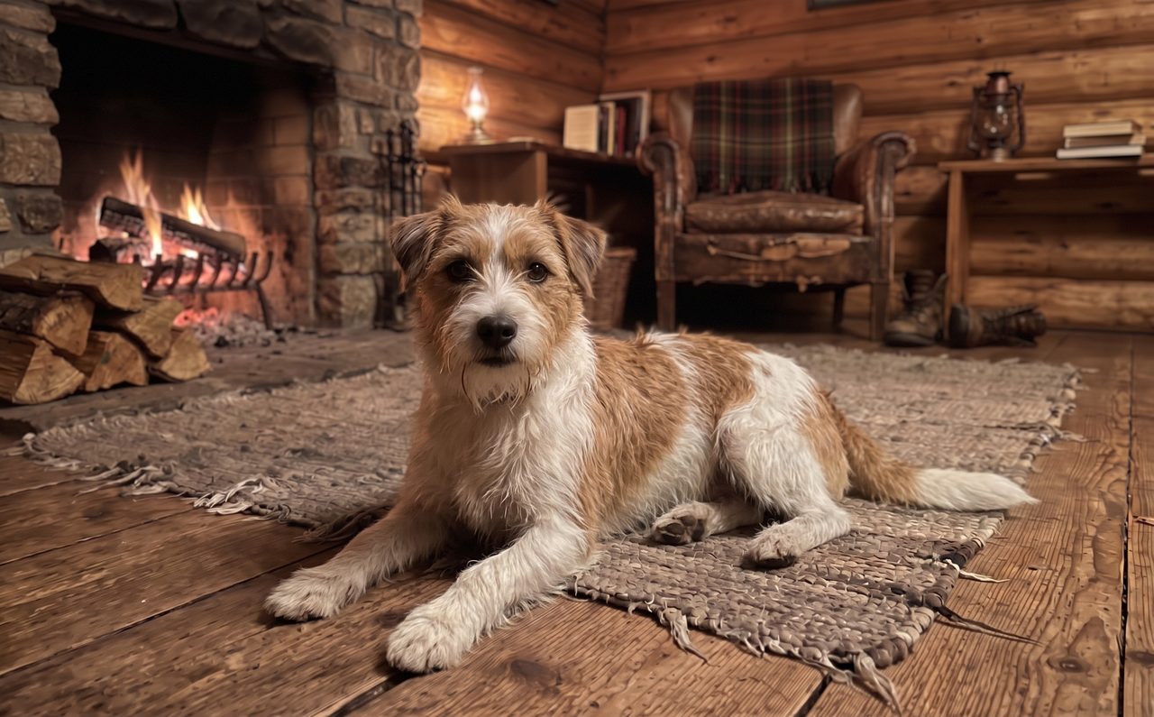The portrait chosen of Maisie, a Jack Russell Terrier, lying by a log fire in a cabin