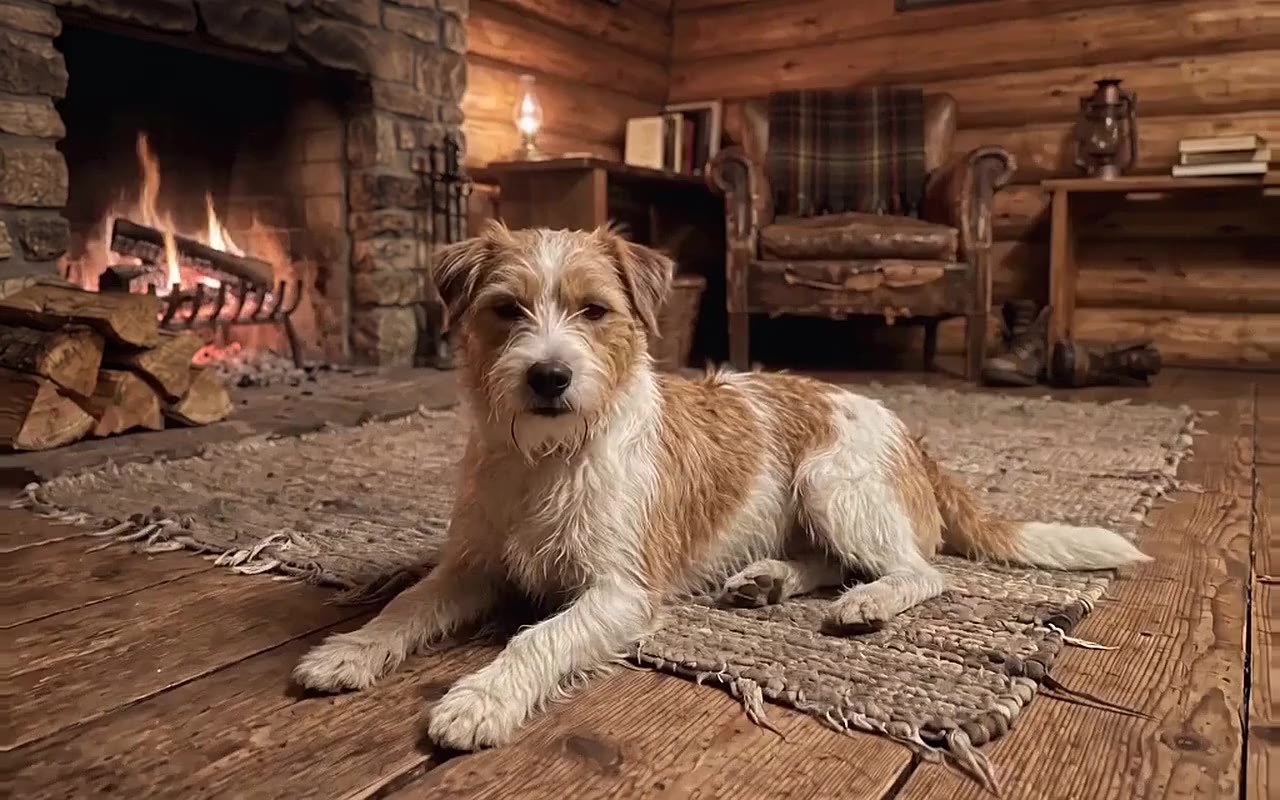 Maisie, a Jack Russell Terrier, by the log fire in a log cabin