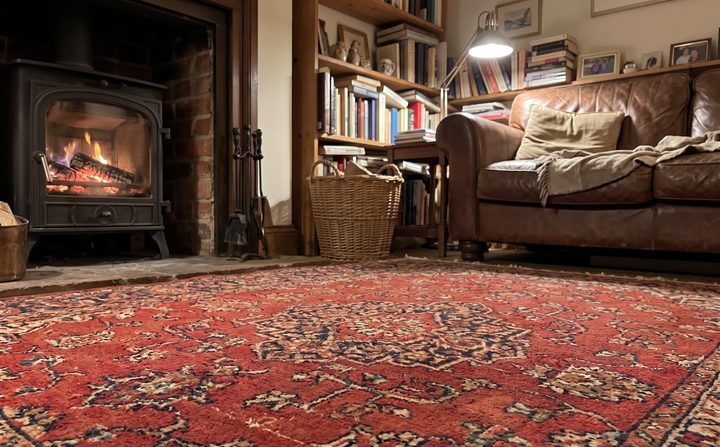 A study with bookshelves, a leather sofa and a stove